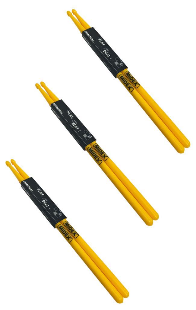 Midex GFK-801YL-3X 5A Bateri Baget Kırılmaz Polyemid Sarı Renk Davul Bageti 5A Drumsticks 6 Adet (3 Çift)