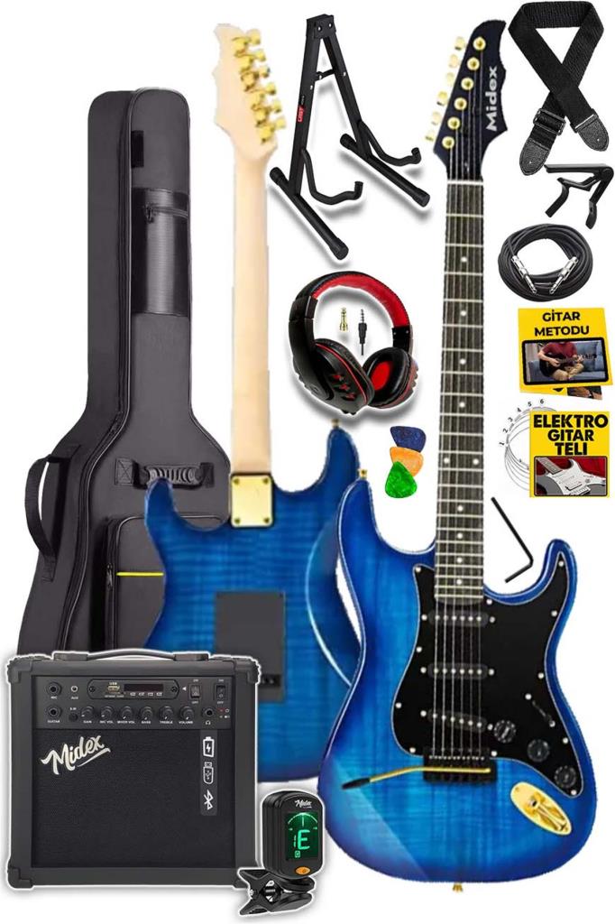 Midex GLC-40BL-AMP Elektro Gitar Seti 25 WATT Şarjlı BT Amfi Kulaklık ve Full SET