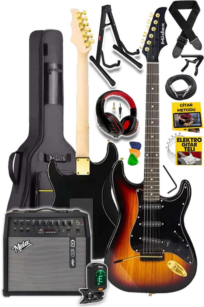 Midex GLC-40SB-50AMP Elektro Gitar Seti 50 WATT Şarjlı BT Amfi Kulaklık ve Full SET