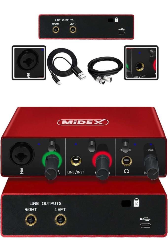 Midex GLX-500 PRO Stüdyo Ses Kartı 2 Giriş 2 Çıkış 24Bit/96kHz (XLR Kablo Hediye)