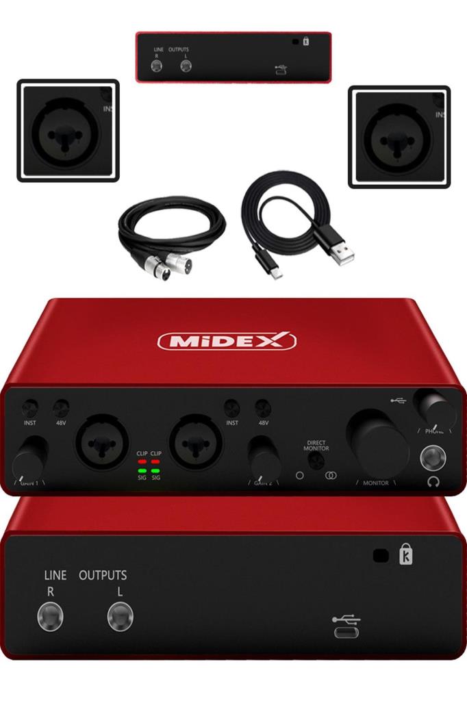 Midex GLX-800RD Üst Segment Usb Stüdyo Ses Kartı 2 Giriş 2 Çıkış 24bit/192kHz