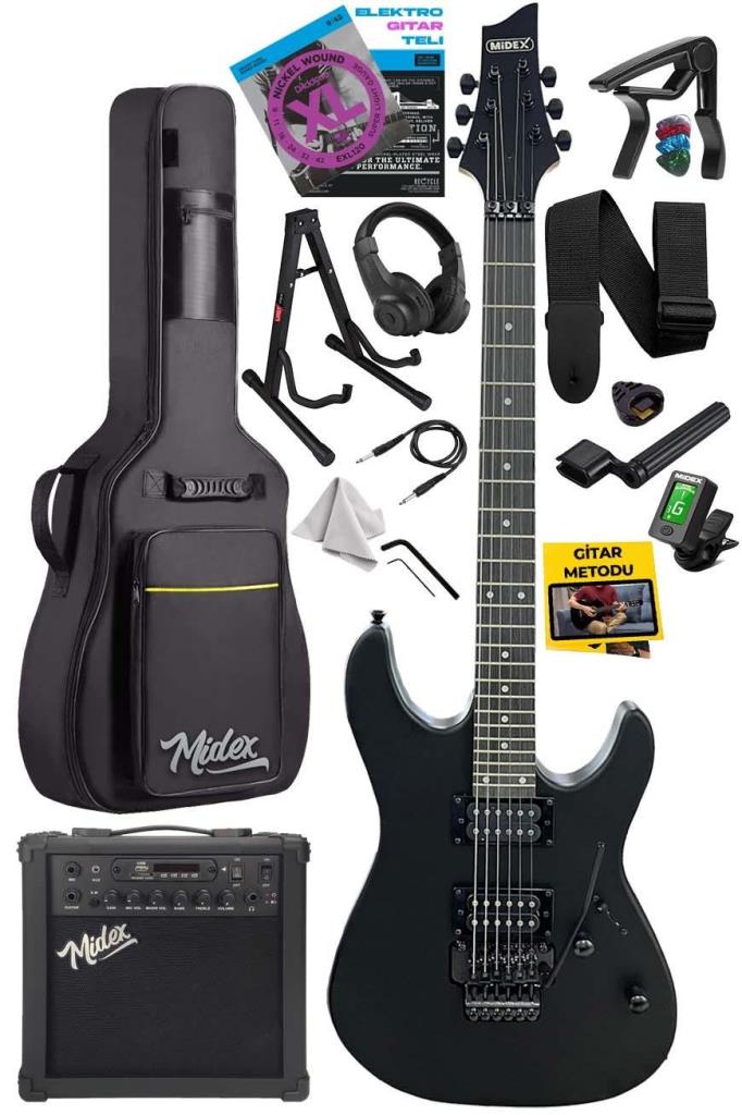 Midex GRX-300-25-AMP Profesyonel Elektro Gitar Seti 25 Watt Gainli Şarjlı Bluetooth'lu Amfi ve Full Set