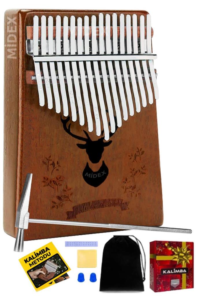 Midex KLX-880 Hakiki Ağaç Kalimba Geyik Desenli Ahşap Full Set 17 Çelik Tuşlu