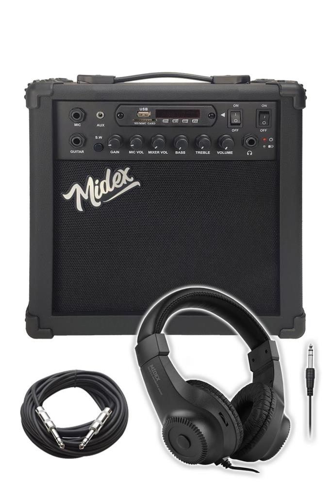 Midex MGA-25BK-HD ŞARJLI Elektro Gitar Amfisi 25 Watt USB Bluetooth Distortion Kulaklık ve Kablo