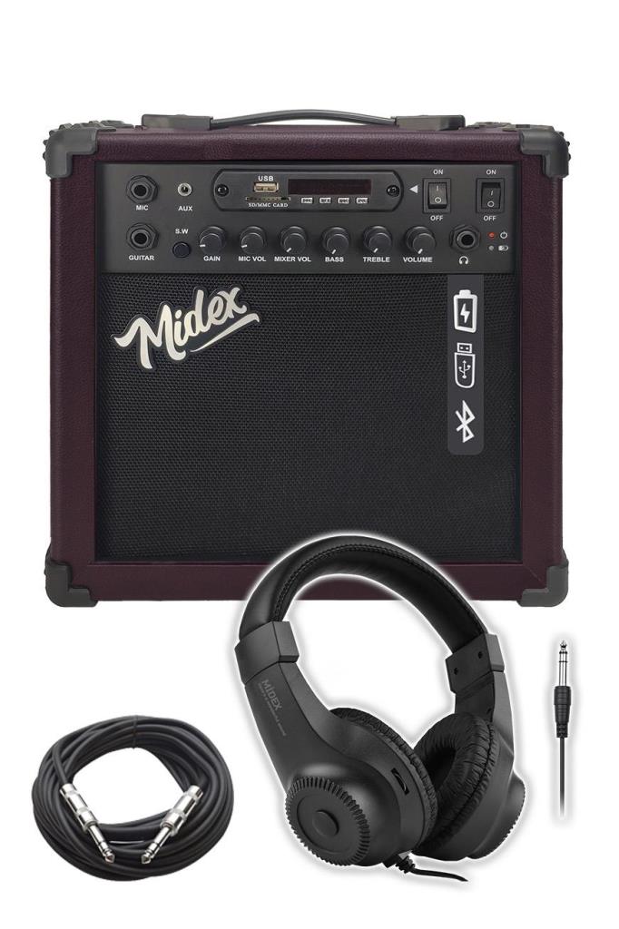 Midex MGA-25BN-HD Elektro Gitar Amfisi 25 Watt USB Bluetooth ve Şarjlı (Amfi Kulaklık ve Jack Kablo)