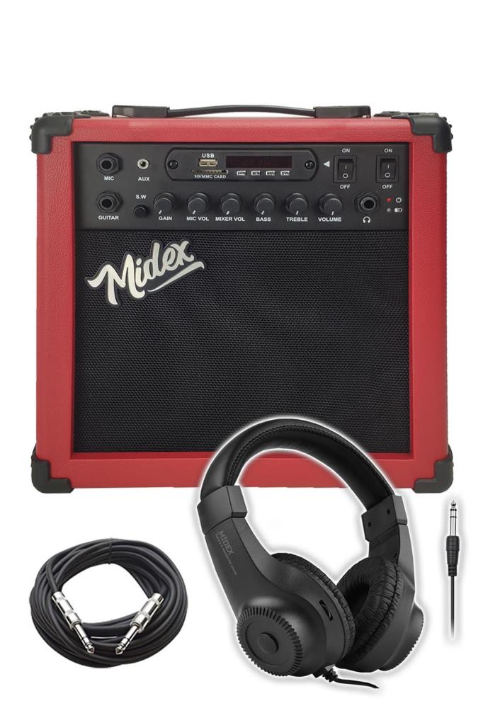 Midex MGA-25RD-HD ŞARJLI Elektro Gitar Amfisi 25 Watt USB Bluetooth Distortion Kulaklık ve Kablo