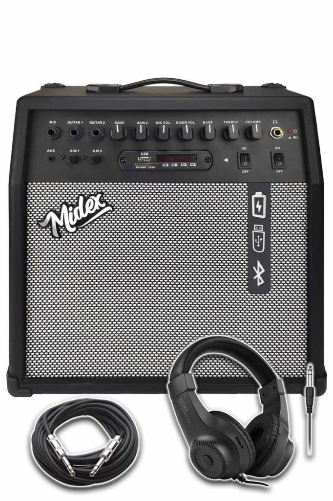 Midex MGA-50BK-HD Elektro Gitar Amfisi 50 Watt USB Bluetooth Şarjlı 4 girişli (Kulaklık ve Kablo Dahil)