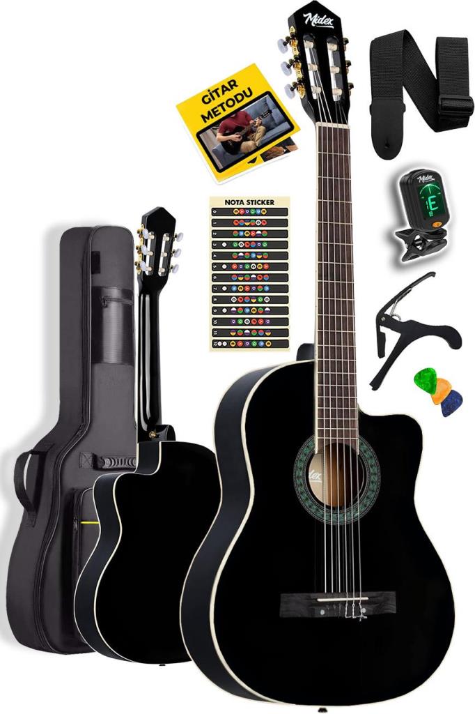 Midex MGX-100BK-BAG Üst Seviye Klasik Gitar 4/4 Sap Ayarlı Gül Klavye (Tuner Çanta Askı Capo Metod Pena)