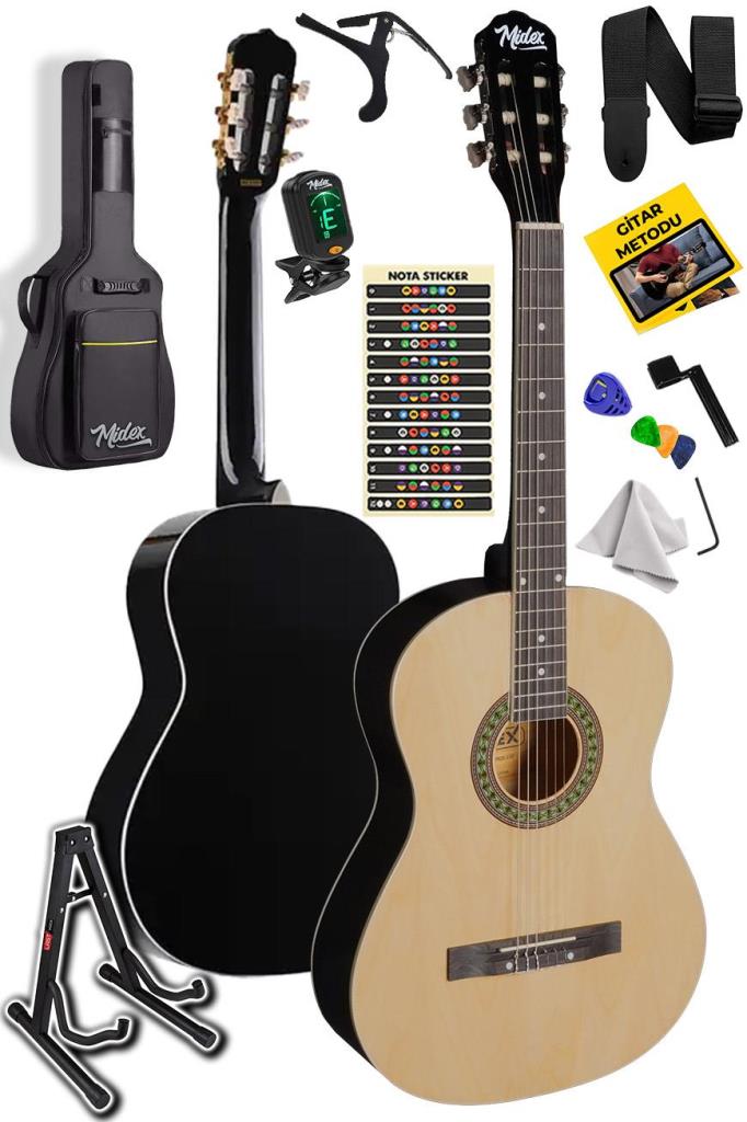 Midex MGX-150-ST Üst Kalite Klasik Gitar Sap Ayarlı Doğal Ahşap Gül Klavye 4/4 Yetişkin (Çanta Stand Tuner Capo Askı Metod Pena)