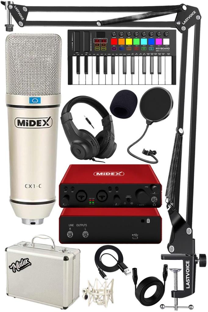 Midex Midi Paket-3 Stüdyo Ekipmanları Seti Ses Kartı Midi Klavye Mikrofon Kulaklık