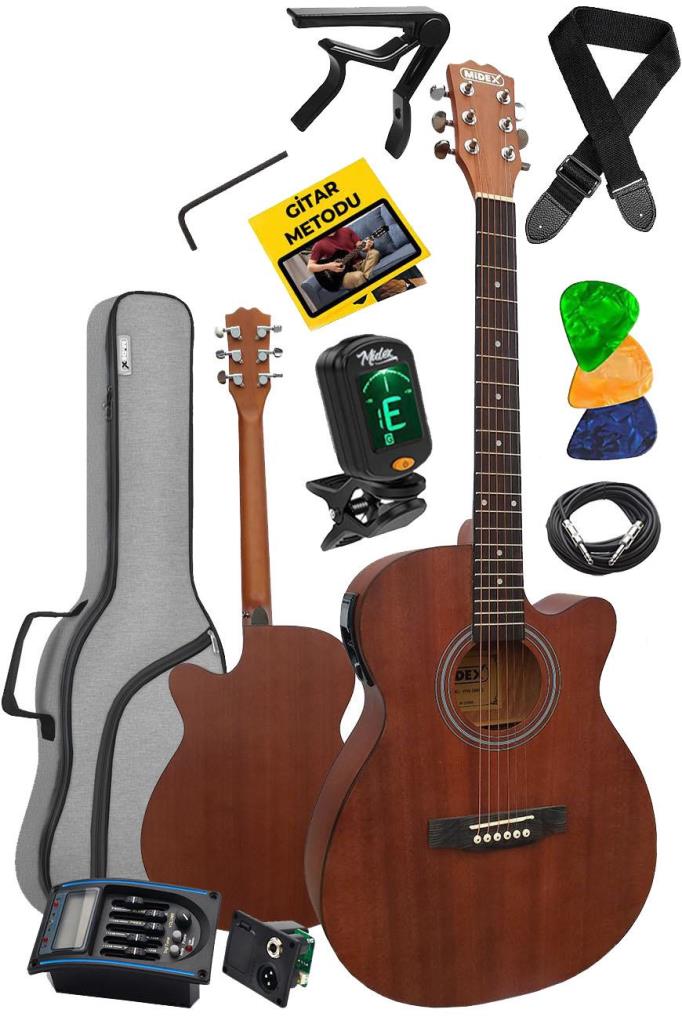 Midex Phx-188EQ Set Masif Ağaç Elektro Akustik Gitar 4/4 (GİGBAG Çanta Tuner Askı Capo Jak Kablo)