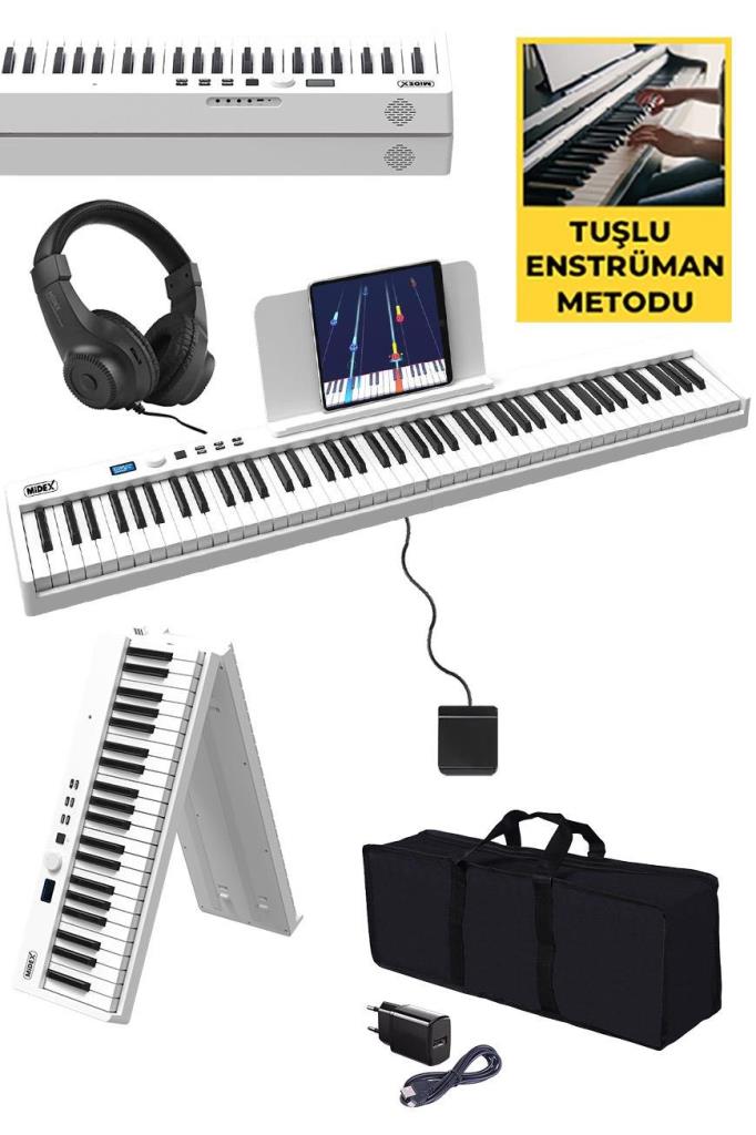 Midex PLX-100WH Taşınabilir Dijital Piyano Tuş Hassasiyetli 88 Tuş Bluetooth Şarjlı (Sustain Pedalı Kulaklık Çanta Metod)