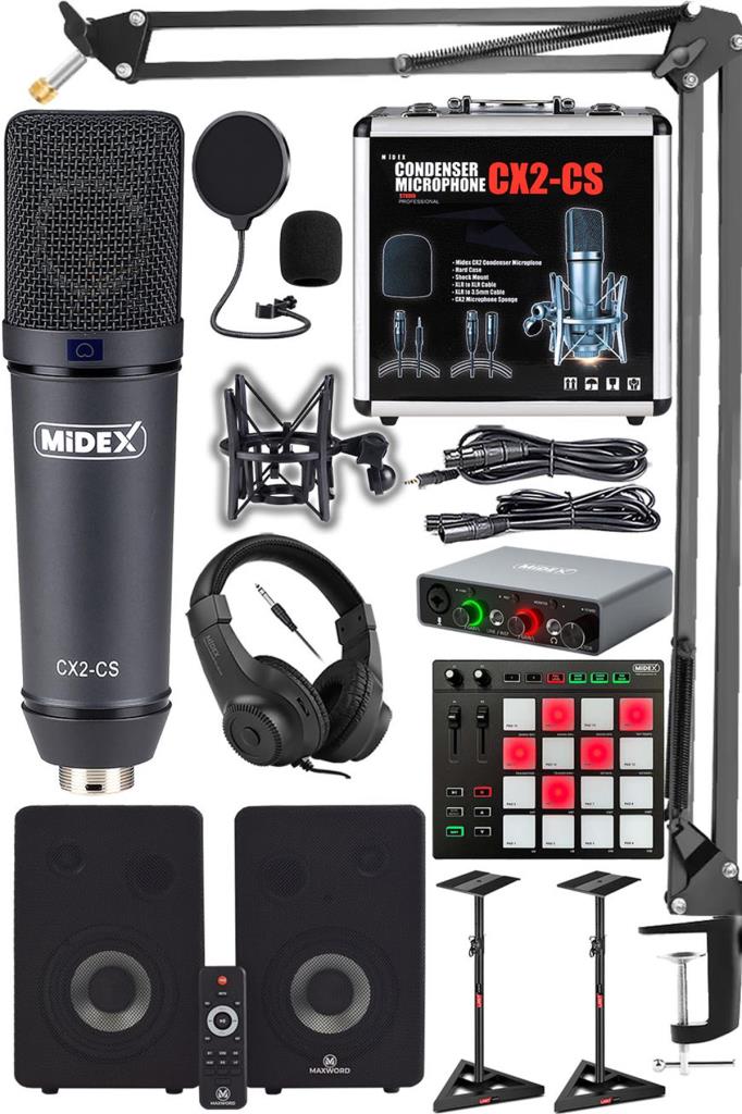 Midex Private Paket-6 Stüdyo Ekipmanları Seti (Monitör Mikrofon Ses Kartı Kulaklık Midi Pad Controller)