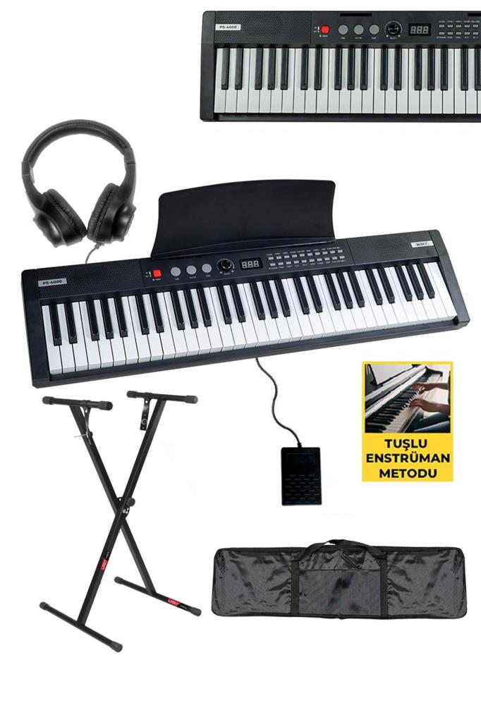 Midex PS4000BK-SET Tuş Hassasiyetli 61 Tuşlu Org Bluetooth USB Midi (Sustain Pedalı Çanta Kulaklık Stand METOD)