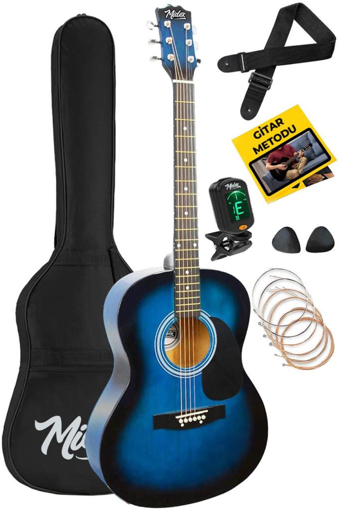 Midex RG-530BL Kaliteli Mavi 40 İnç Akustik Gitar Seti 4/4 Yetişkin