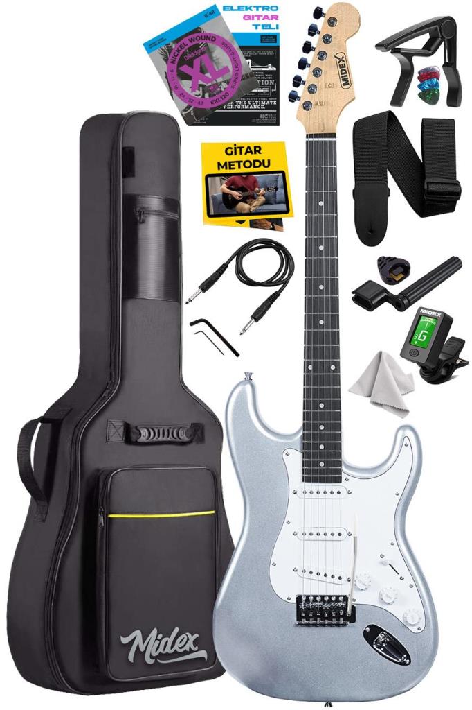 Midex RPH-30SL Gül Klavye Silver Strat Kasa SSS Elektro Gitar Seti