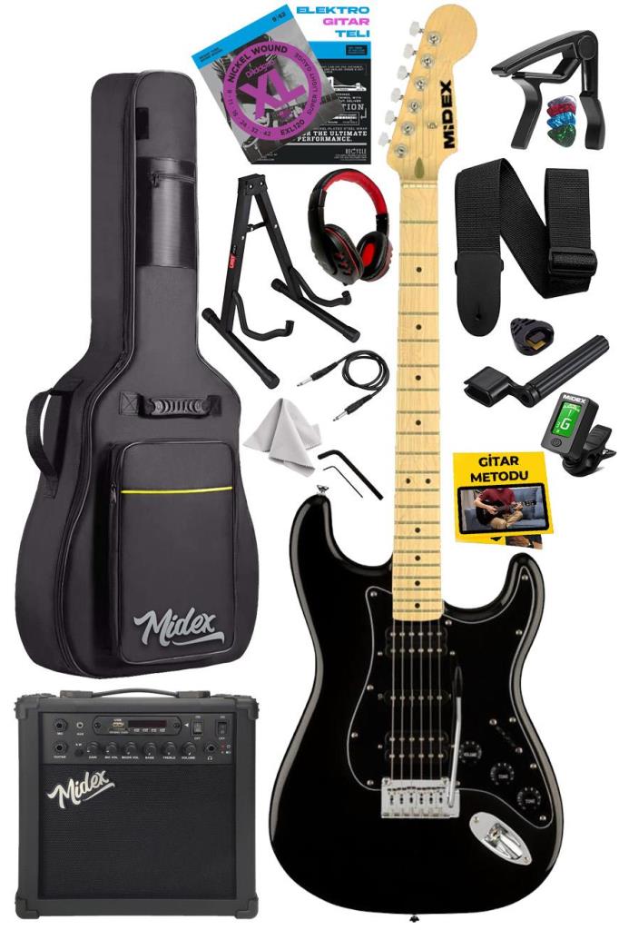 Midex RPH-40BK-25AMP Elektro Gitar Seti 25 WATT GAİN'Lİ Bluetooth Şarjlı Amfi ve Full SET