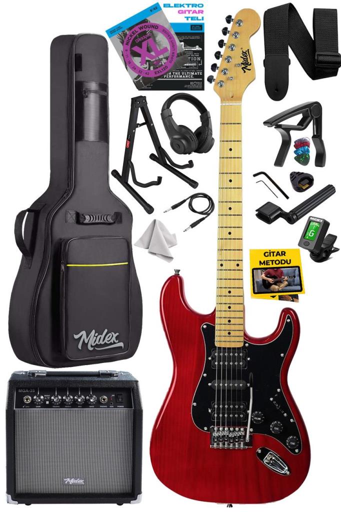 Midex RPH-40RD-35AMP 35W Şarjlı BT Amfili Elektro Gitar Seti HSH Manyetik Maple Klavye