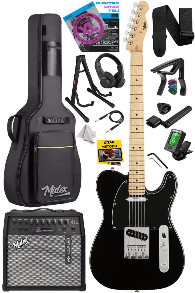 Midex TLX-50BK-50AMP Tele Kasa Maple Klavye 2 Single-Coil 50W Amfili Elektro Gitar