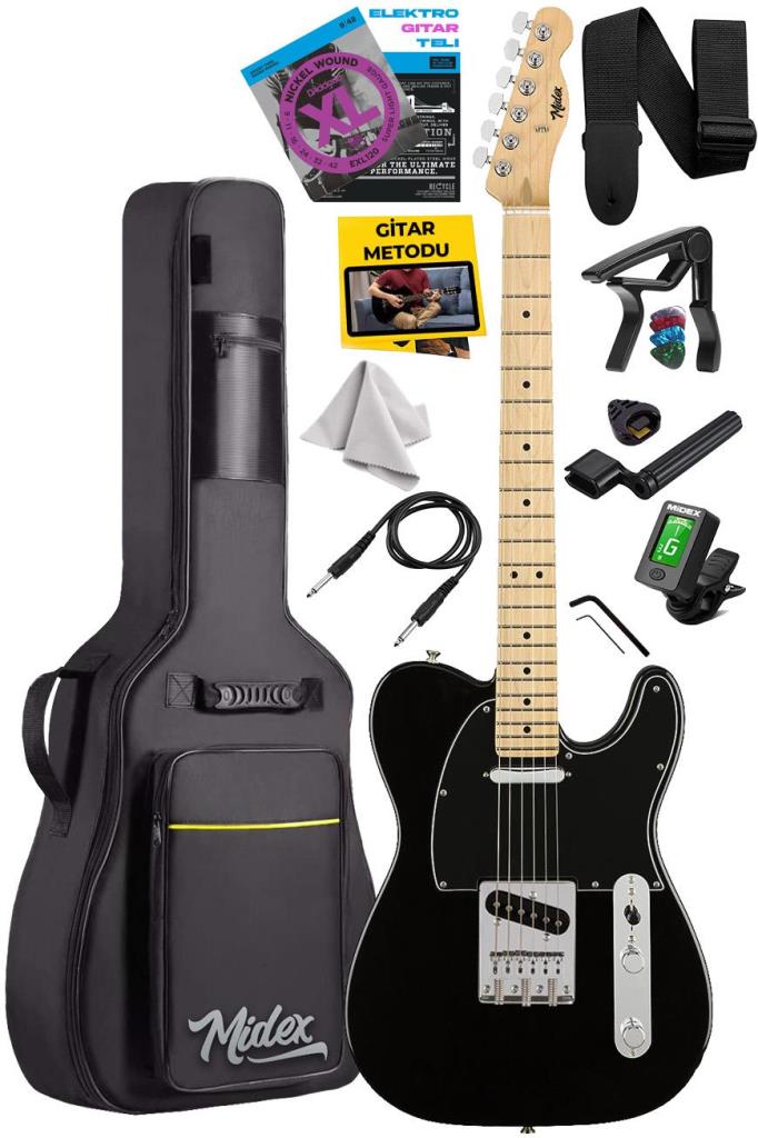 Midex TLX-50BK Tele Kasa Maple Klavye 2 Single-Coil Manyetik Elektro Gitar