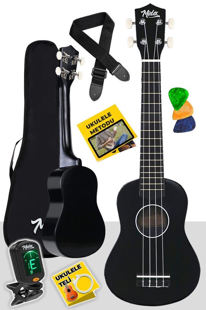 Midex UKX-233BKT Siyah Concert Ukulele (Tuner TEL Askı Çanta Metod Pena)