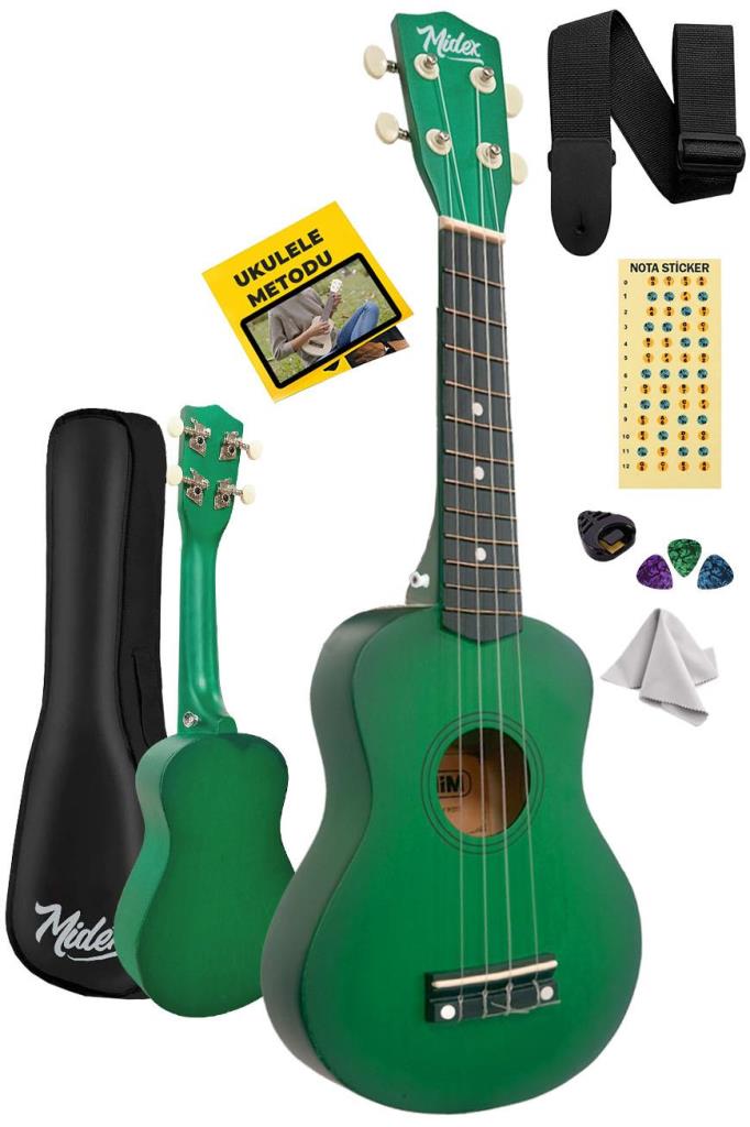 Midex UKX-901GR Yeşil Soprano Ukulele (Askı Çanta Metod Pena)