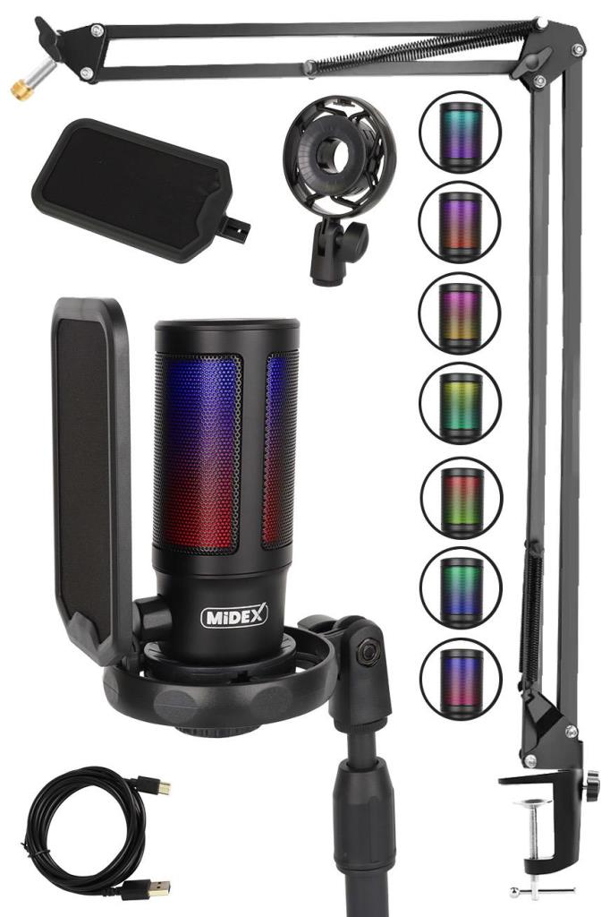 Midex V6 RGB Set USB Oyuncu ve Yayıncı Mikrofonu Condenser Stüdyo (Kayıt Gaming Tiktok Twitch Canlı yayın Discord Youtube)