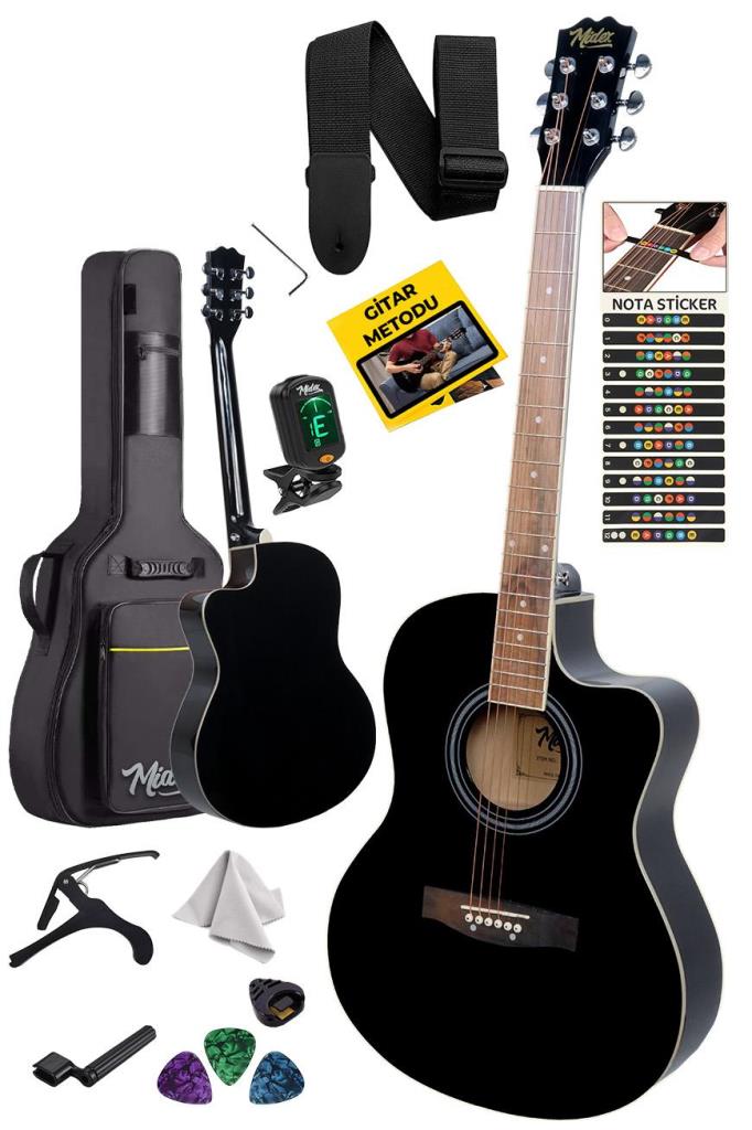 Midex XC-200BK Kesik Kasa Siyah Akustik Gitar 4/4 Yetişkin Üst Segment (Gigbag Çanta Tuner Capo Askı Pena)