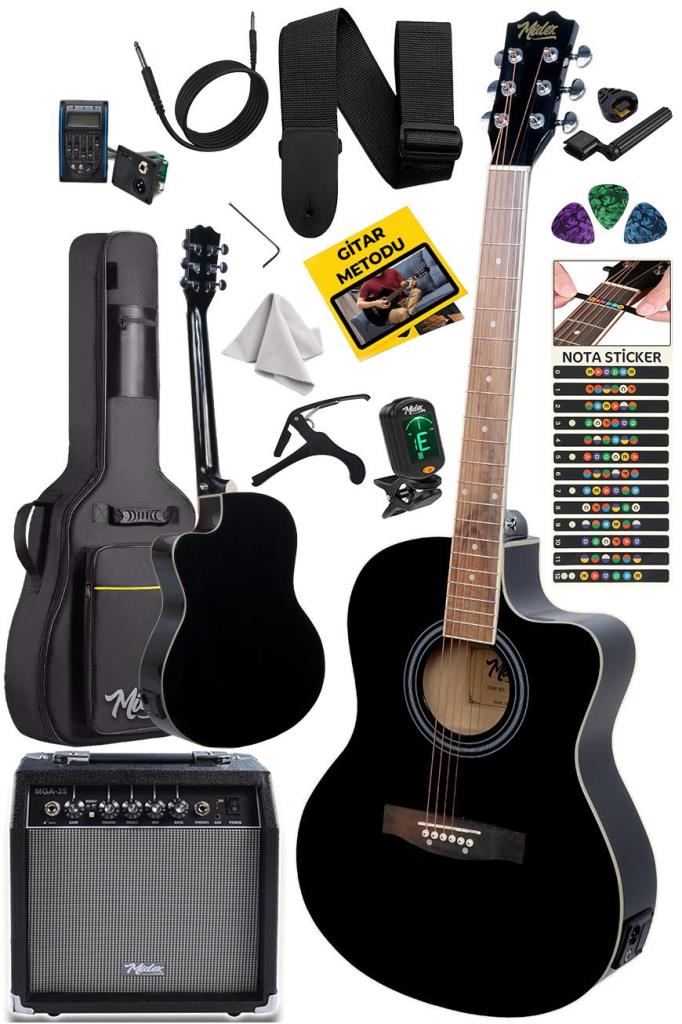 Midex XC-300XBK-AMP Profesyonel AMFİLİ Siyah Elektro Akustik Gitar (Amfi Gigbag Çanta Tuner Capo Askı Jak Kablo Pena)