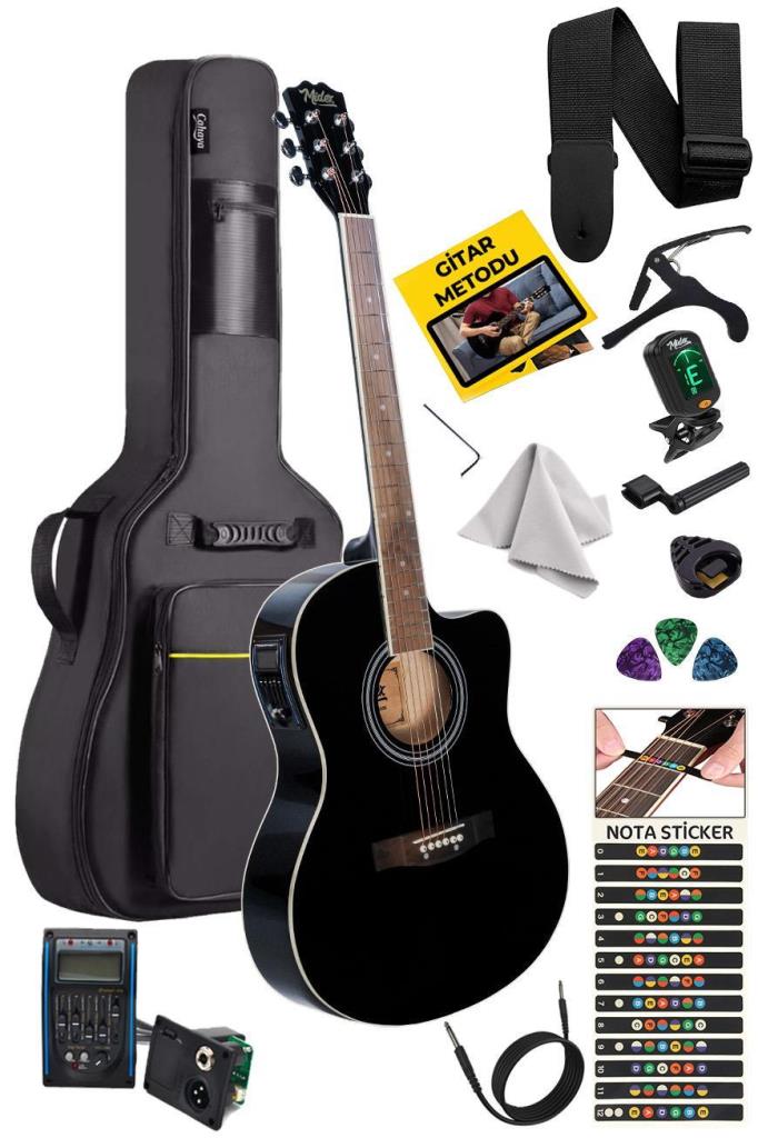 Midex XC-300XBK-EQ Profesyonel Siyah Elektro Akustik Gitar 4/4 Yetişkin Üst Segment (Gigbag Çanta Tuner Capo Askı Jak Kablo Pena)