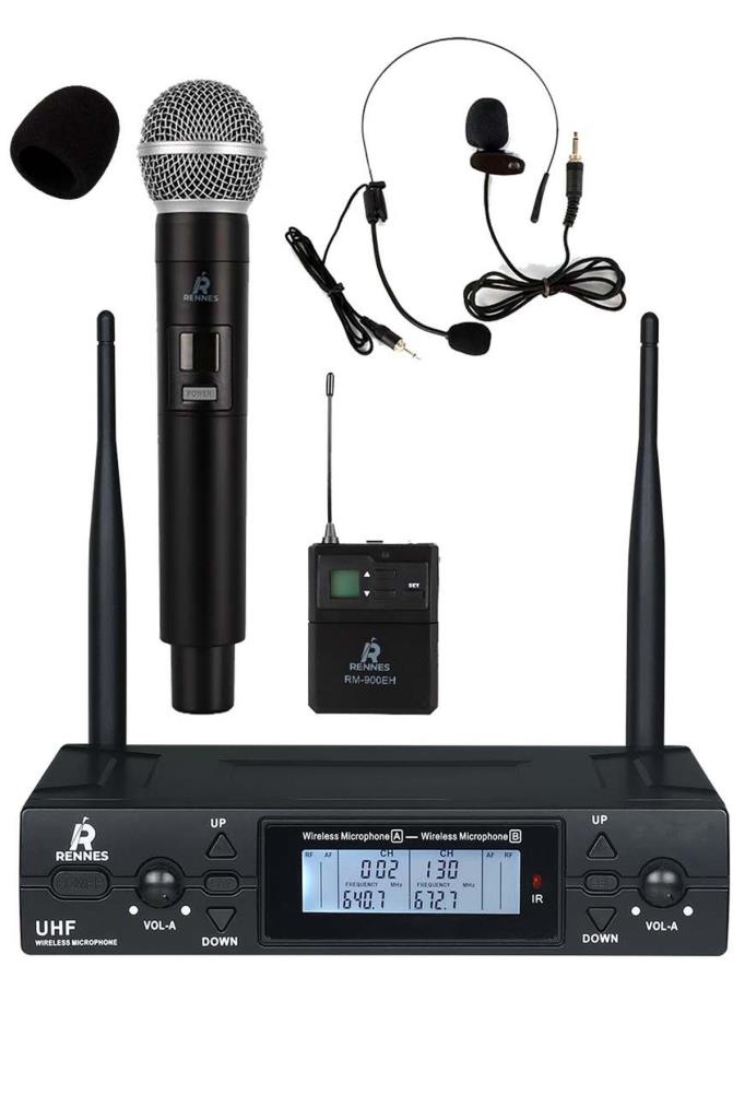 Rennes RM-900EH UHF 2x100 Kanal Çiftli Kablosuz EL Yaka Headset Mikrofonu Çift Anten LCD Ekran