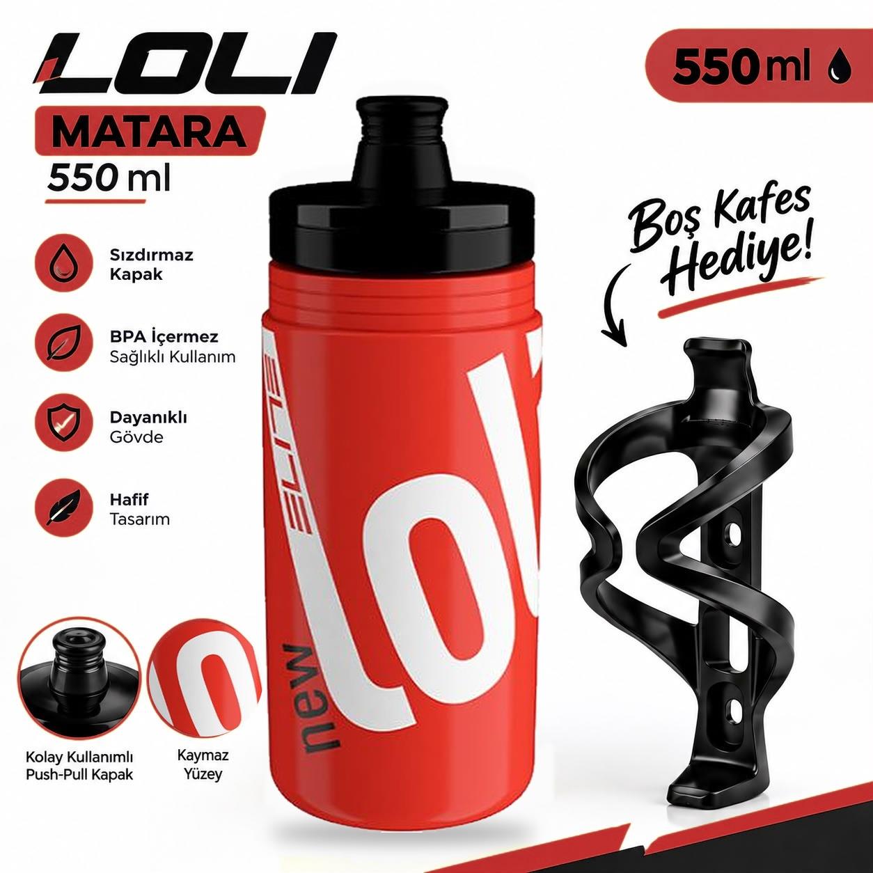 Elite New Loli Bisiklet Matarası Kırmızı Renk Suluk 550Ml Performance Matara Kafesi Hediyeli