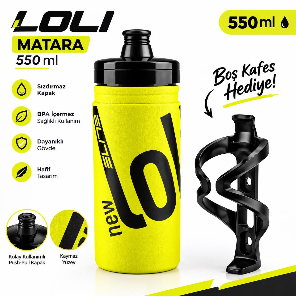 Elite New Loli Bisiklet Matarası Neon Sarı Renk Suluk 550Ml Performance Matara Kafesi Hediyeli