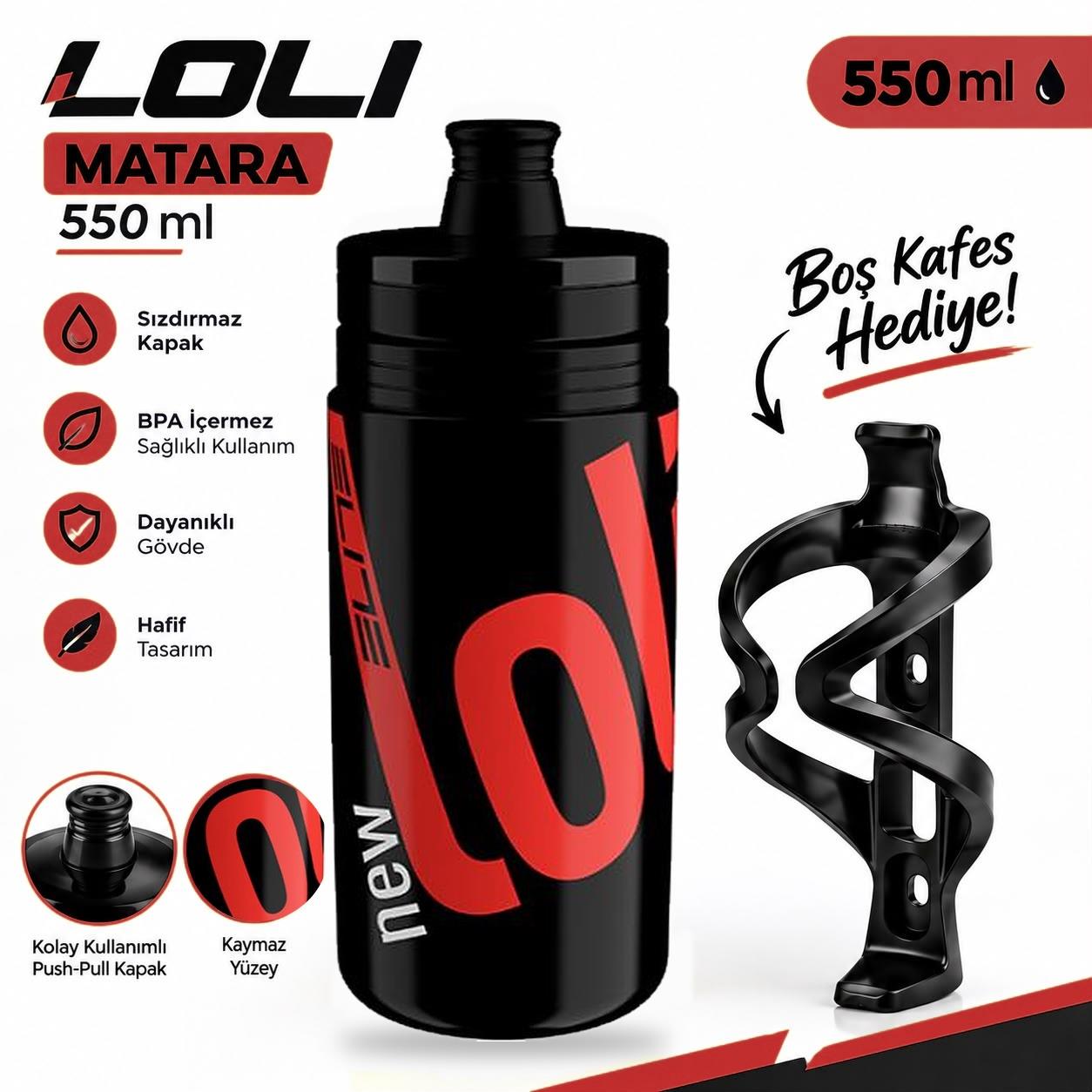 Elite New Loli Bisiklet Matarası Siyah Renk Suluk 550Ml Performance Matara Kafesi Hediyeli