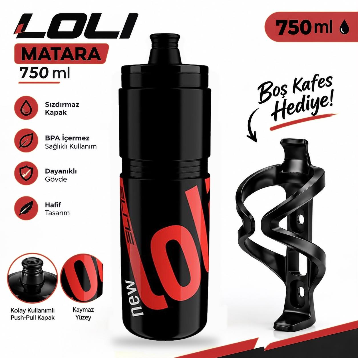 Elite New Loli Bisiklet Matarası Siyah Renk Suluk 750 Ml Performance Matara Kafesi Hediyeli