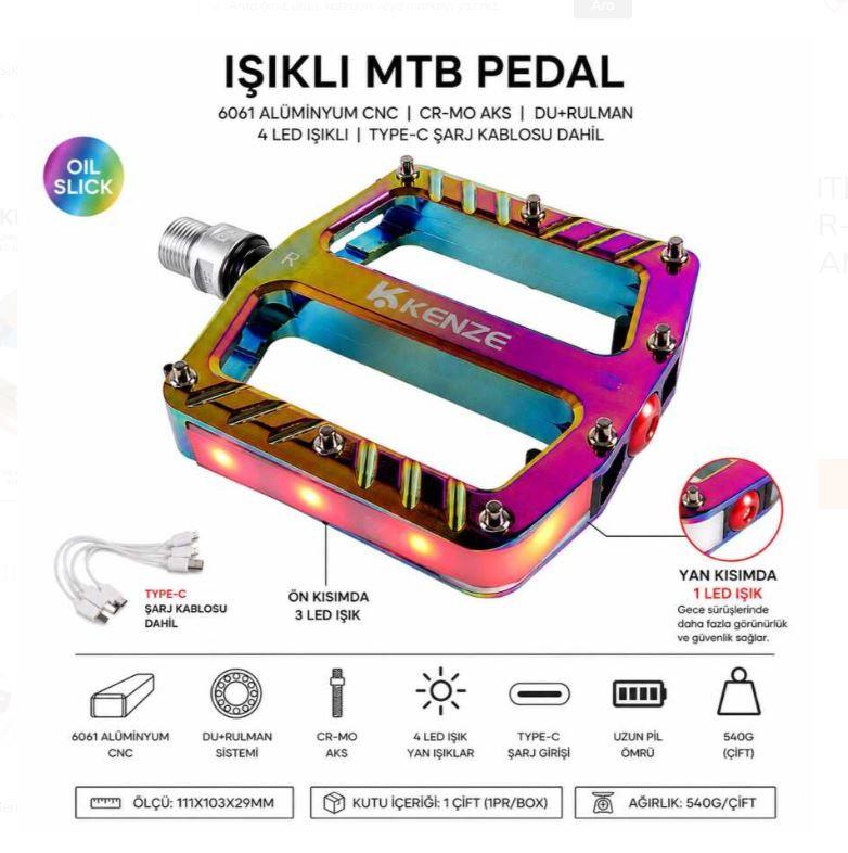 Kenze 3 Rulmanlı Işıklı Rainbow Alüminyum Alaşımlı Mtb Bmx Geniş Hafif Platform Pedal Işıklı Oilslick
