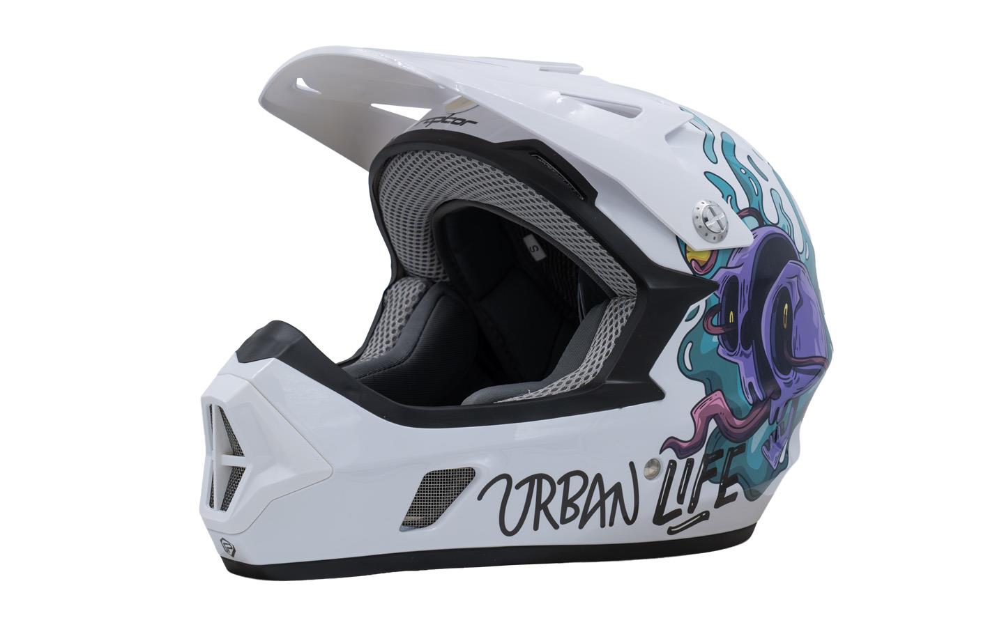 RAPTOR GRAVITY Varsity Chaos Full Face FreeRide Bisiklet Motosiklet Kaskı Small Beden Beyaz Mor