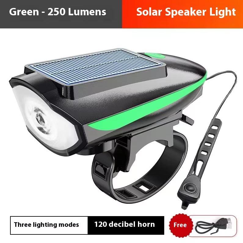 Solar 6163 Şarjlı 250 Lümen 140 Db Yüksek Sesli Bisiklet Ön Farı Ve Korna Yeşil Güneş Enerjili Far