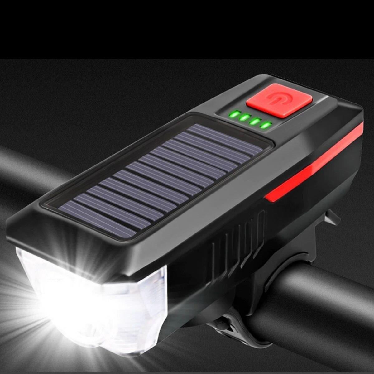 Solar Enerjili Usb Ile Şarj Edilebilir Ledli Bisiklet Feneri Kornalı Ve Su Geçirmez Solar Far