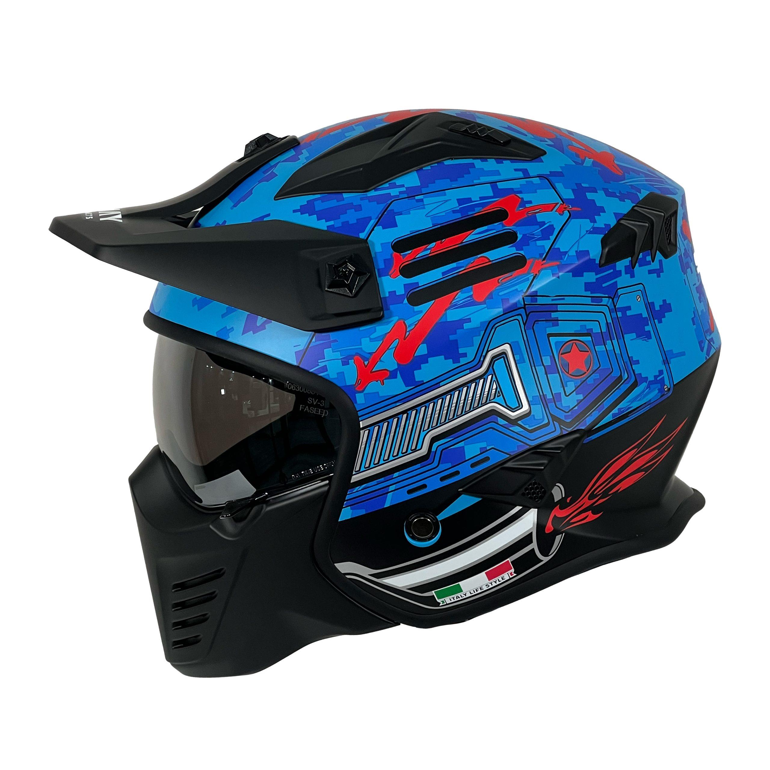 Sway X2 Tokyo Trooper Modüler Full Face Çene Sökülebilen Motosiklet Kaskı L Beden Mavi Kırmızı