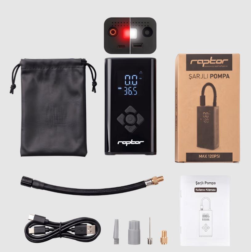 RAPTOR D17-01 Taşınabilir Şarjlı Hava Pompası Kompresör Hava Pompası Elektronik Pompa LED Işıklı