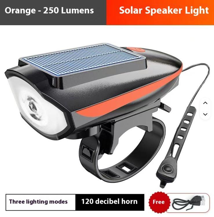 Solar 6163 Şarjlı 250 Lümen 140 Db Yüksek Sesli Bisiklet Ön Farı Ve Korna Turuncu Güneş Enerjili Far