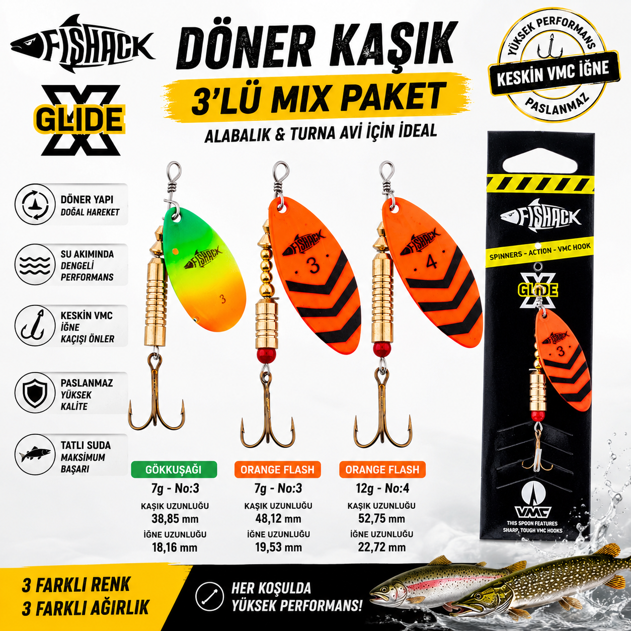 Fishack GlideX Gökkuşağı ve Orange Flash kaşık seti