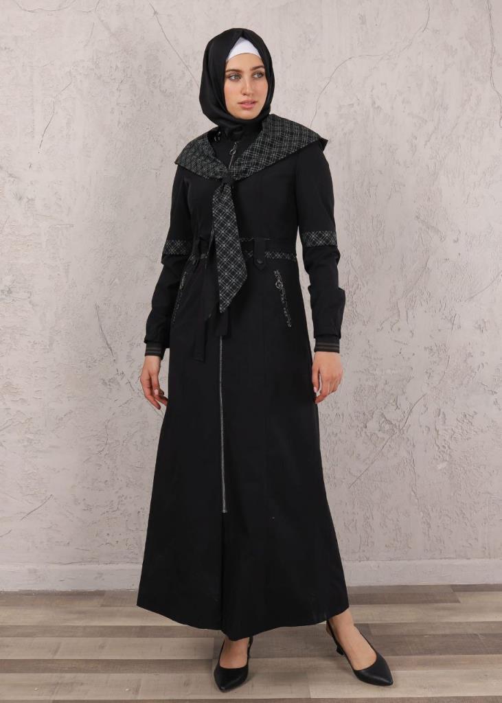 new season women's stylish and comfortable trench coat with double pockets and belt model 1001 - Black