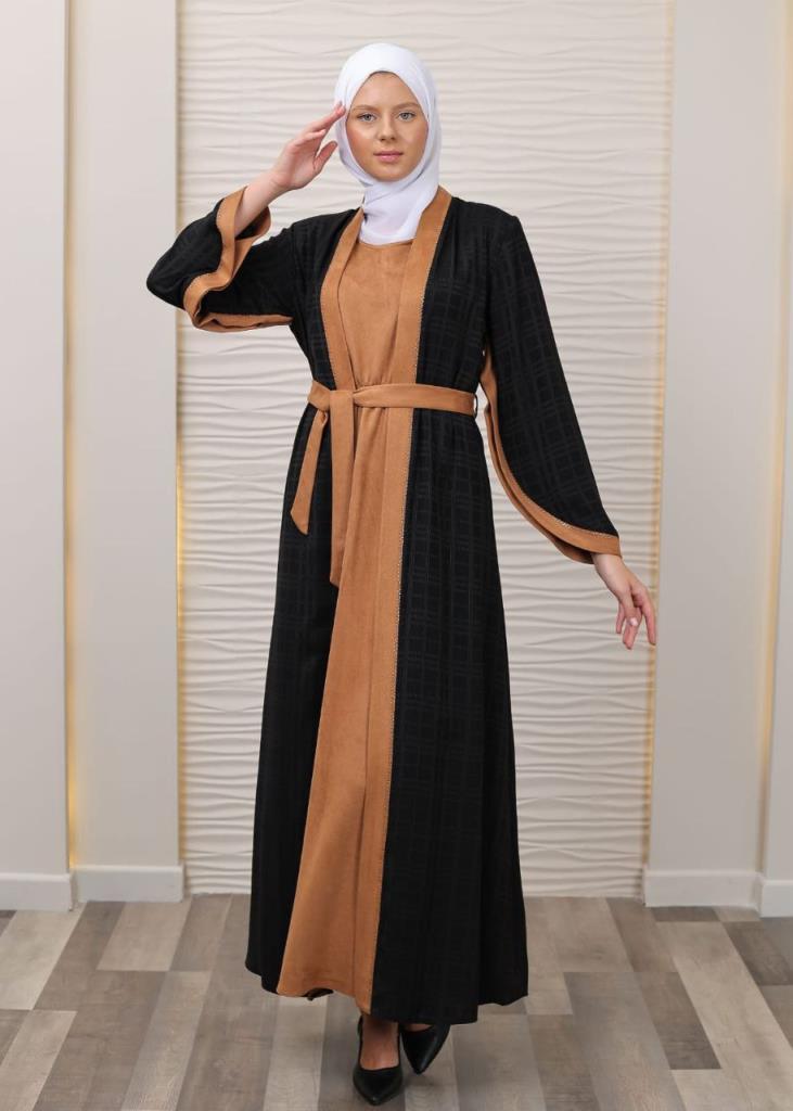 New season women's winter two-piece abayas are suitable for daily use model 44517 - AÇIK KAHVE