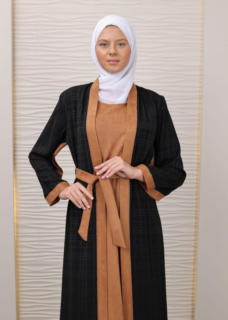 New season women's winter two-piece abayas are suitable for daily use model 44517 - AÇIK KAHVE