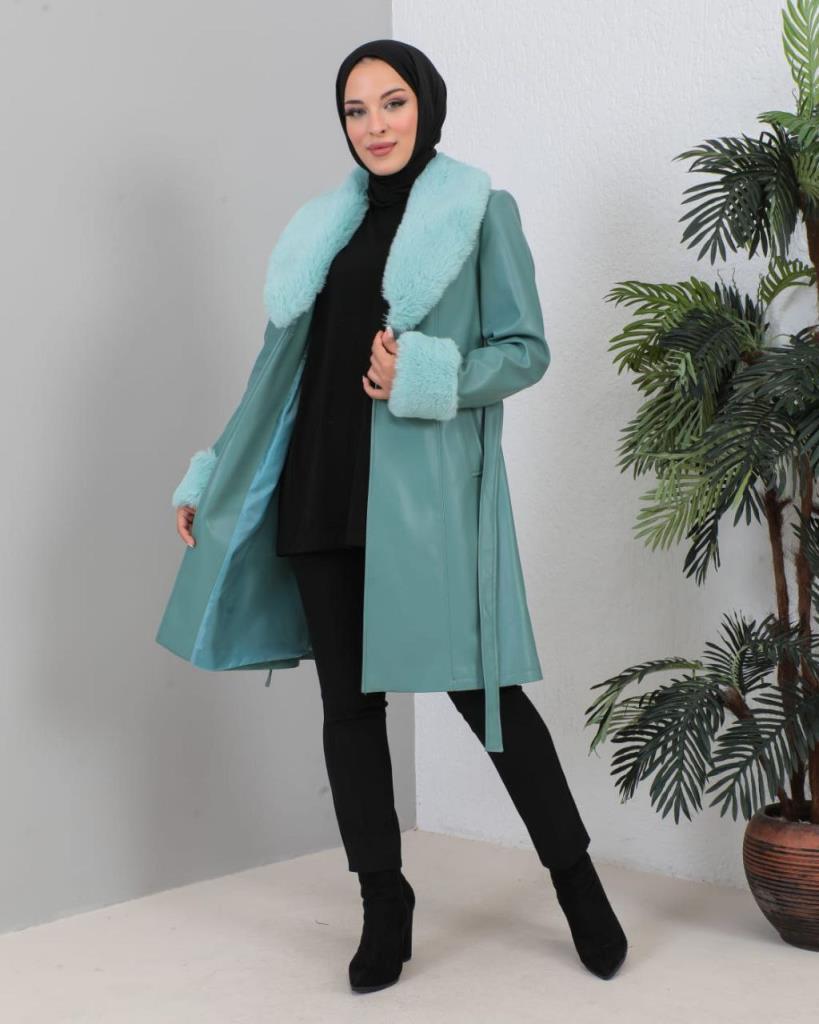 New season women's winter leather trench coat fur collar model 9004 - Light Green