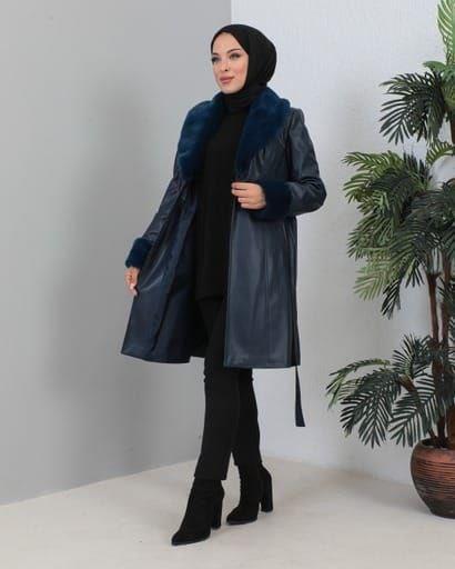 New season women's winter leather trench coat fur collar model 9004 - Navy Blue