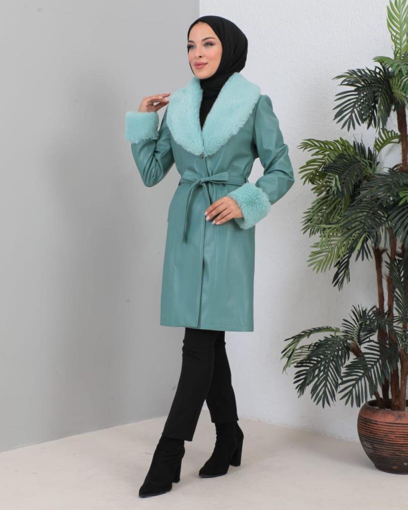 New season women's winter leather trench coat fur collar model 9004 - Light Green