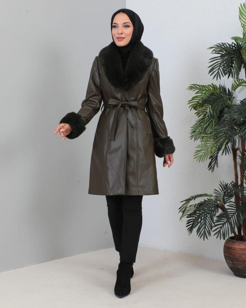 New season women's winter leather trench coat fur collar model 9004 - Khaki